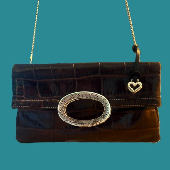 Vintage Brighton Handbags - Vintage Brighton Croc-Embossed Leather Silver Metal Clutch Fold-Over & Crossbody